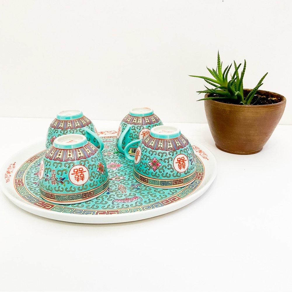 VINTAGE Chinese Export Porcelain Tea Set Teal Gold Longevity Symbol Bone China - Picture 2 of 11